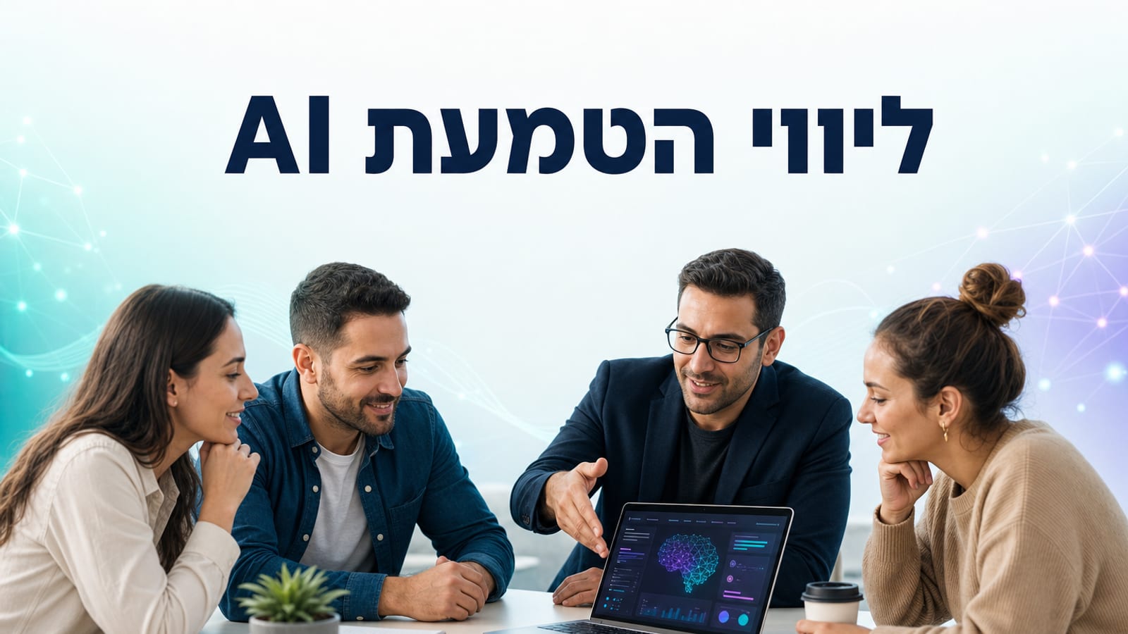ליווי הטמעת AI לעסק — מומחה מלווה צוות בתהליך הטמעת בינה מלאכותית מסביב לשולחן