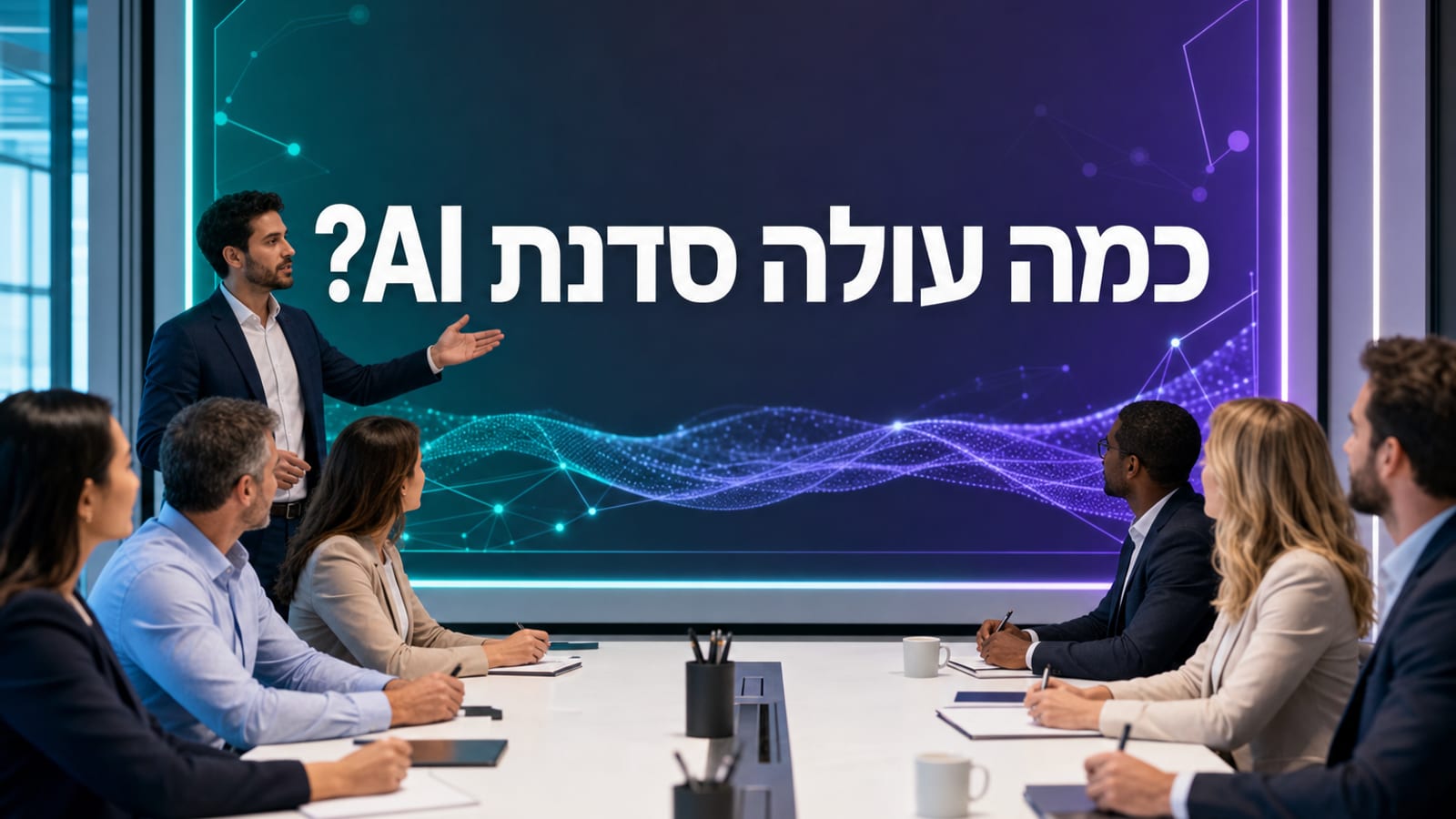 סדנת בינה מלאכותית לעסק — מרצה מציג כלי AI מול קבוצת עובדים בכיתה